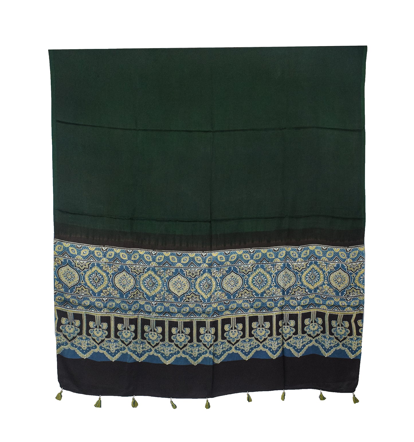 Ajrakh Modal Silk Part Natural Dye Half Plain Dyeing Hand Block Print Dupatta with Tassels - 2.5 Mtr Length    -  SKU : AI20104J