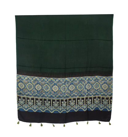 Ajrakh Modal Silk Part Natural Dye Half Plain Dyeing Hand Block Print Dupatta with Tassels - 2.5 Mtr Length    -  SKU : AI20104J