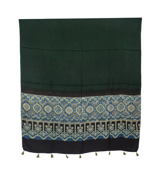 Ajrakh Modal Silk Part Natural Dye Half Plain Dyeing Hand Block Print Dupatta with Tassels - 2.5 Mtr Length    -  SKU : AI20104J