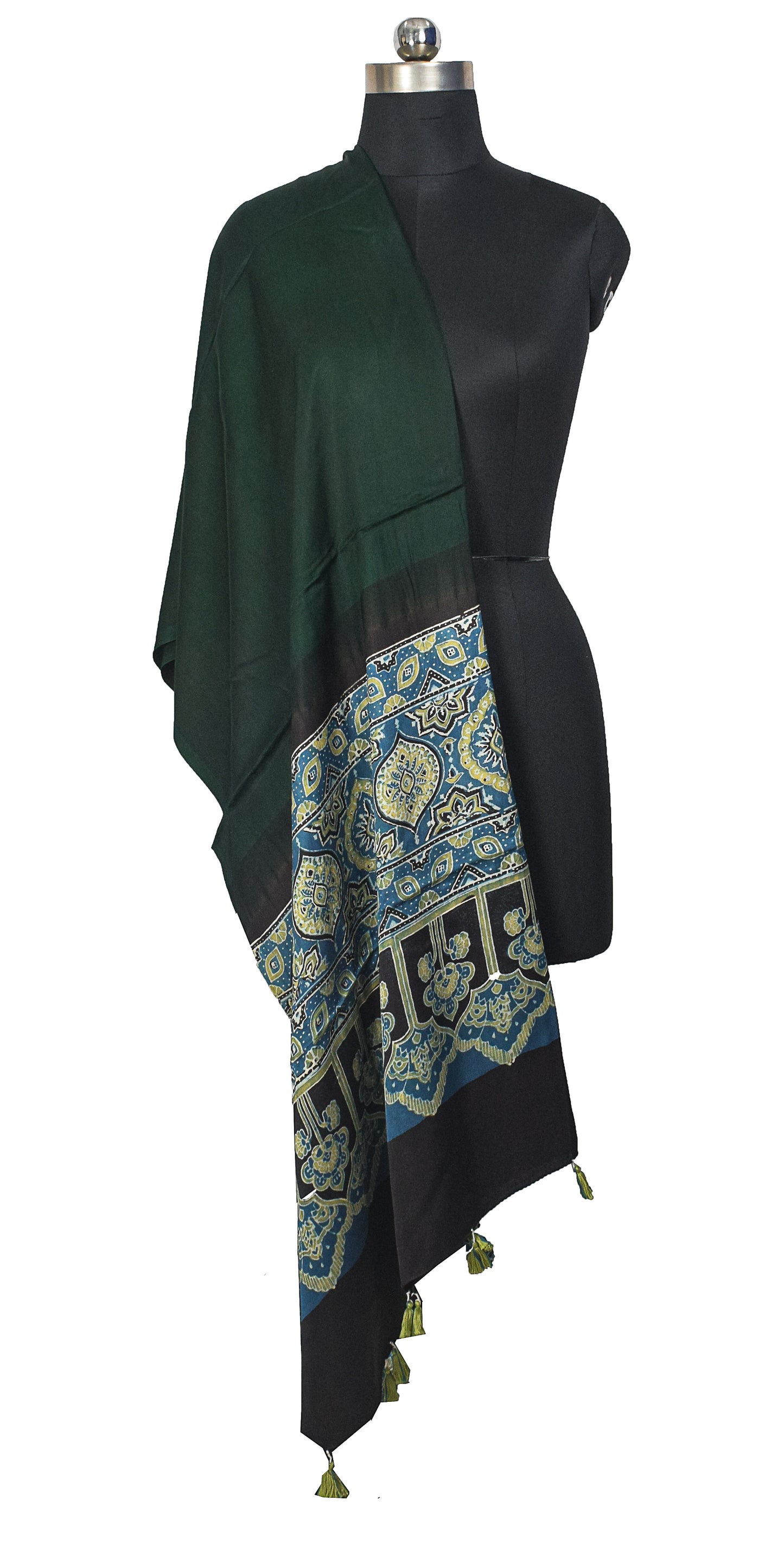 Ajrakh Modal Silk Part Natural Dye Half Plain Dyeing Hand Block Print Dupatta with Tassels - 2.5 Mtr Length    -  SKU : AI20104J