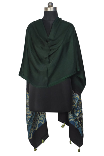 Ajrakh Modal Silk Part Natural Dye Half Plain Dyeing Hand Block Print Dupatta with Tassels - 2.5 Mtr Length    -  SKU : AI20104J