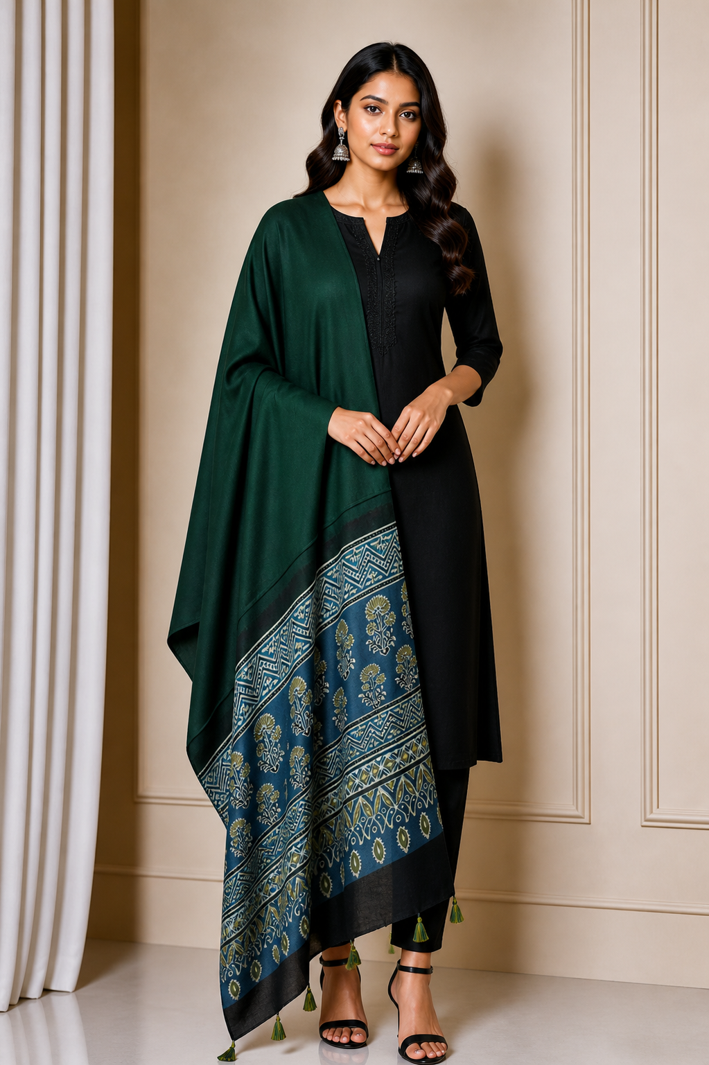 Ajrakh Modal Silk Part Natural Dye Half Plain Dyeing Hand Block Print Dupatta with Tassels - 2.5 Mtr Length    -  SKU : AI20104M