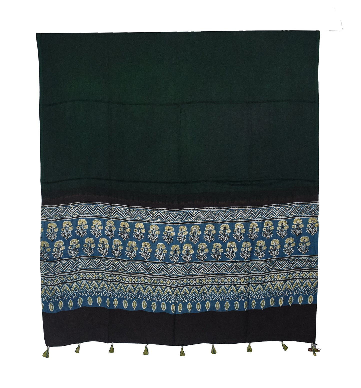 Ajrakh Modal Silk Part Natural Dye Half Plain Dyeing Hand Block Print Dupatta with Tassels - 2.5 Mtr Length    -  SKU : AI20104M
