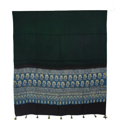 Ajrakh Modal Silk Part Natural Dye Half Plain Dyeing Hand Block Print Dupatta with Tassels - 2.5 Mtr Length    -  SKU : AI20104M