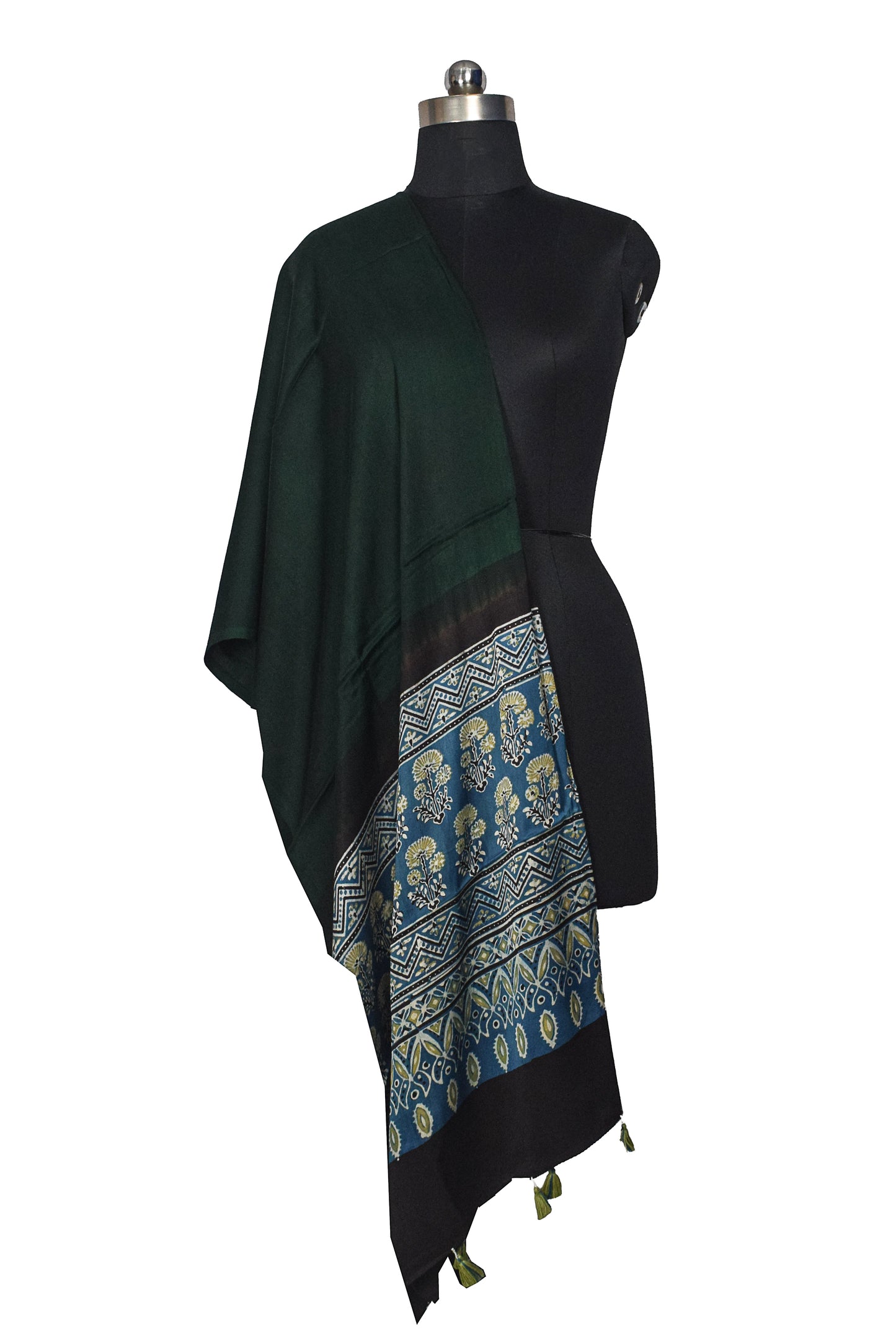 Ajrakh Modal Silk Part Natural Dye Half Plain Dyeing Hand Block Print Dupatta with Tassels - 2.5 Mtr Length    -  SKU : AI20104M