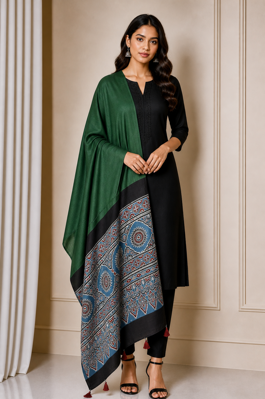 Ajrakh Modal Silk Part Natural Dye Half Plain Dyeing Hand Block Print Dupatta with Tassels - 2.5 Mtr Length    -  SKU : AI20104O