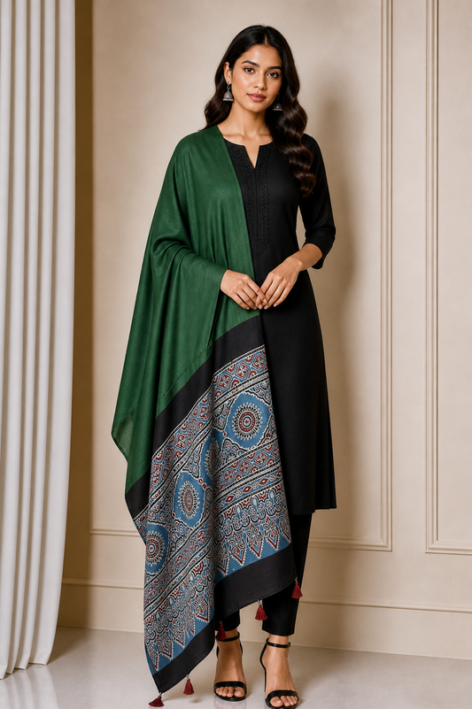 Ajrakh Modal Silk Part Natural Dye Half Plain Dyeing Hand Block Print Dupatta with Tassels - 2.5 Mtr Length    -  SKU : AI20104O