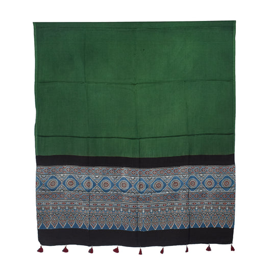 Ajrakh Modal Silk Part Natural Dye Half Plain Dyeing Hand Block Print Dupatta with Tassels - 2.5 Mtr Length    -  SKU : AI20104O
