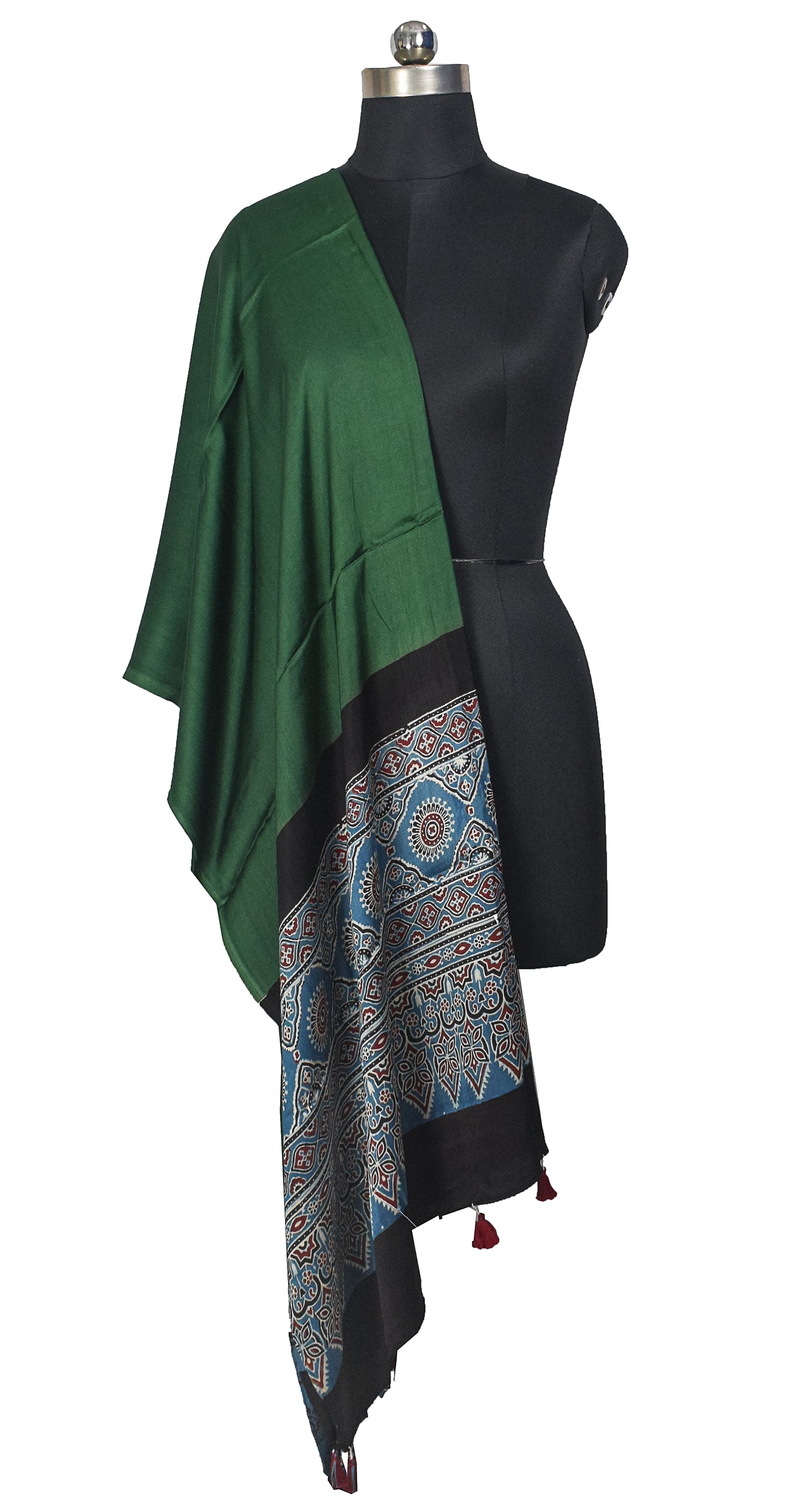 Ajrakh Modal Silk Part Natural Dye Half Plain Dyeing Hand Block Print Dupatta with Tassels - 2.5 Mtr Length    -  SKU : AI20104O