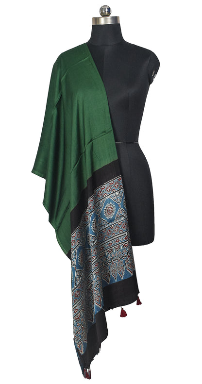 Ajrakh Modal Silk Part Natural Dye Half Plain Dyeing Hand Block Print Dupatta with Tassels - 2.5 Mtr Length    -  SKU : AI20104O