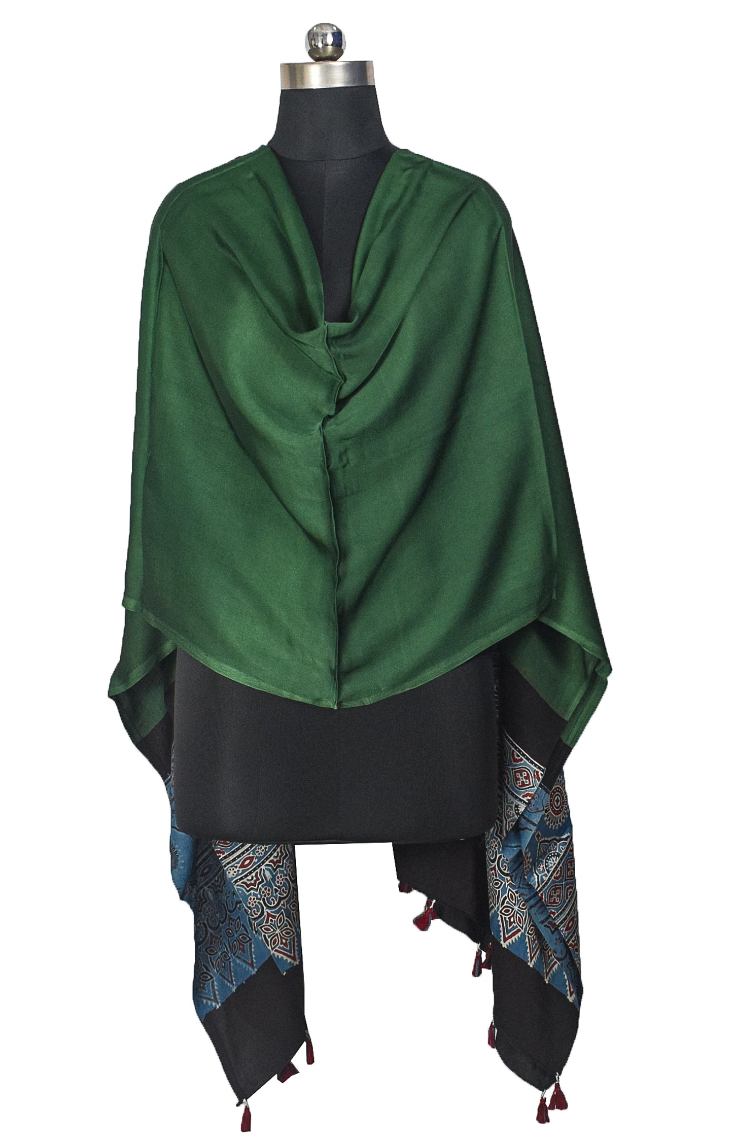 Ajrakh Modal Silk Part Natural Dye Half Plain Dyeing Hand Block Print Dupatta with Tassels - 2.5 Mtr Length    -  SKU : AI20104O