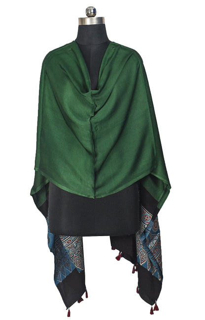 Ajrakh Modal Silk Part Natural Dye Half Plain Dyeing Hand Block Print Dupatta with Tassels - 2.5 Mtr Length    -  SKU : AI20104O