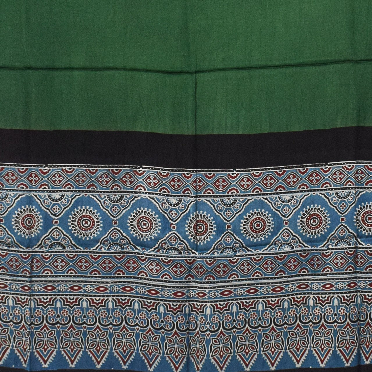 Ajrakh Modal Silk Part Natural Dye Half Plain Dyeing Hand Block Print Dupatta with Tassels - 2.5 Mtr Length    -  SKU : AI20104O