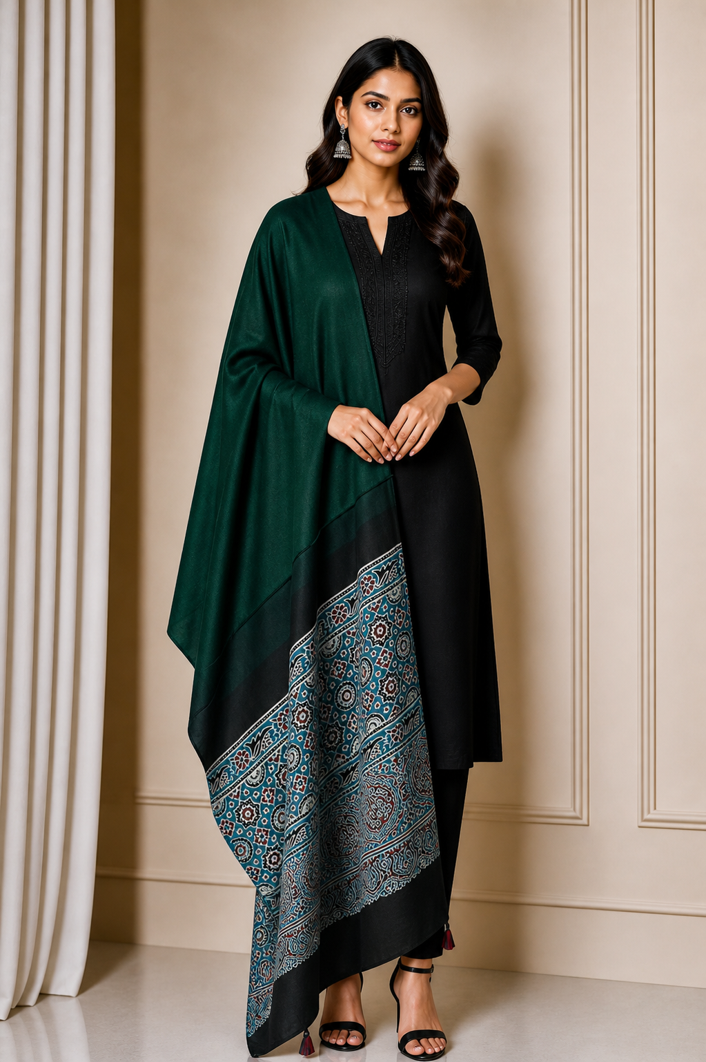 Ajrakh Modal Silk Part Natural Dye Half Plain Dyeing Hand Block Print Dupatta with Tassels - 2.5 Mtr Length    -  SKU : AI20104P