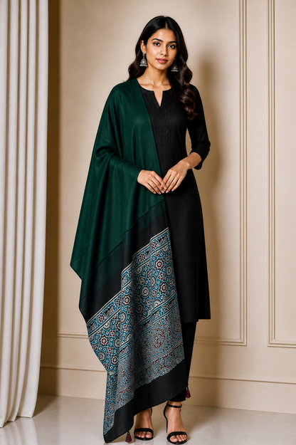 Ajrakh Modal Silk Part Natural Dye Half Plain Dyeing Hand Block Print Dupatta with Tassels - 2.5 Mtr Length    -  SKU : AI20104P