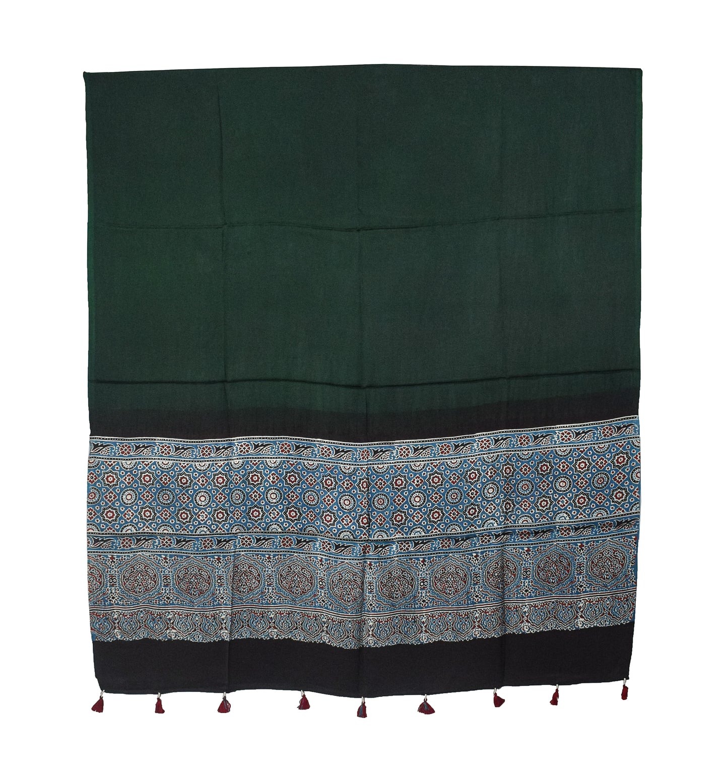 Ajrakh Modal Silk Part Natural Dye Half Plain Dyeing Hand Block Print Dupatta with Tassels - 2.5 Mtr Length    -  SKU : AI20104P