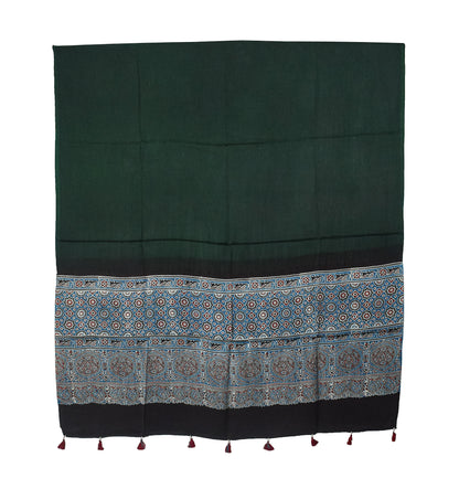 Ajrakh Modal Silk Part Natural Dye Half Plain Dyeing Hand Block Print Dupatta with Tassels - 2.5 Mtr Length    -  SKU : AI20104P