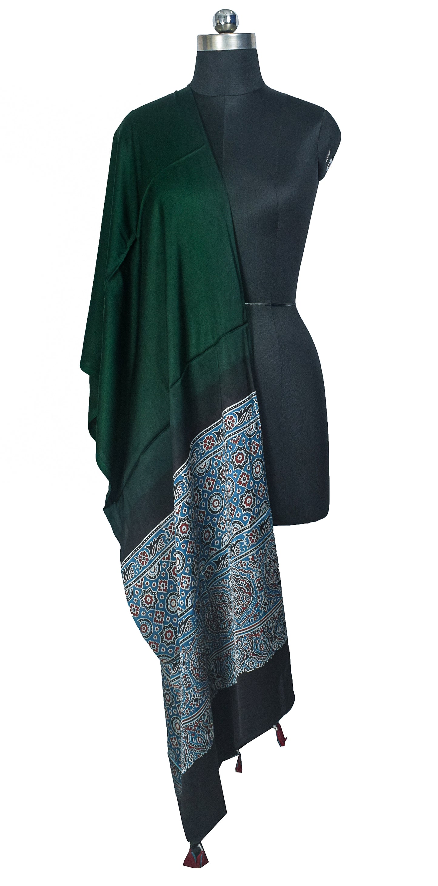 Ajrakh Modal Silk Part Natural Dye Half Plain Dyeing Hand Block Print Dupatta with Tassels - 2.5 Mtr Length    -  SKU : AI20104P