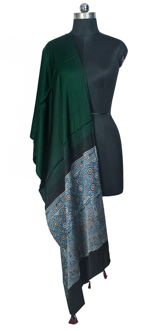 Ajrakh Modal Silk Part Natural Dye Half Plain Dyeing Hand Block Print Dupatta with Tassels - 2.5 Mtr Length    -  SKU : AI20104P