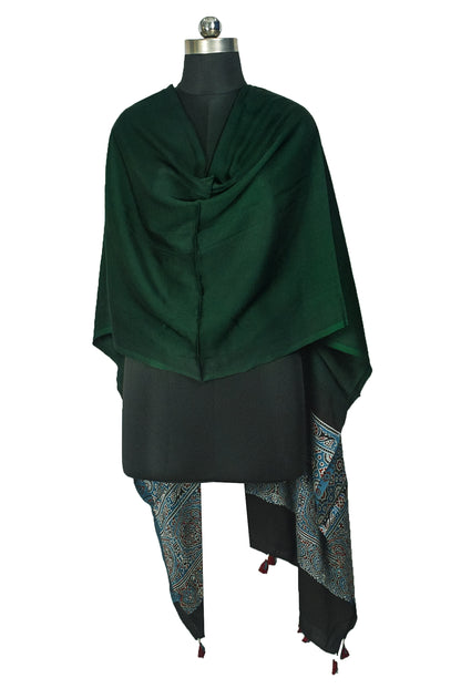 Ajrakh Modal Silk Part Natural Dye Half Plain Dyeing Hand Block Print Dupatta with Tassels - 2.5 Mtr Length    -  SKU : AI20104P
