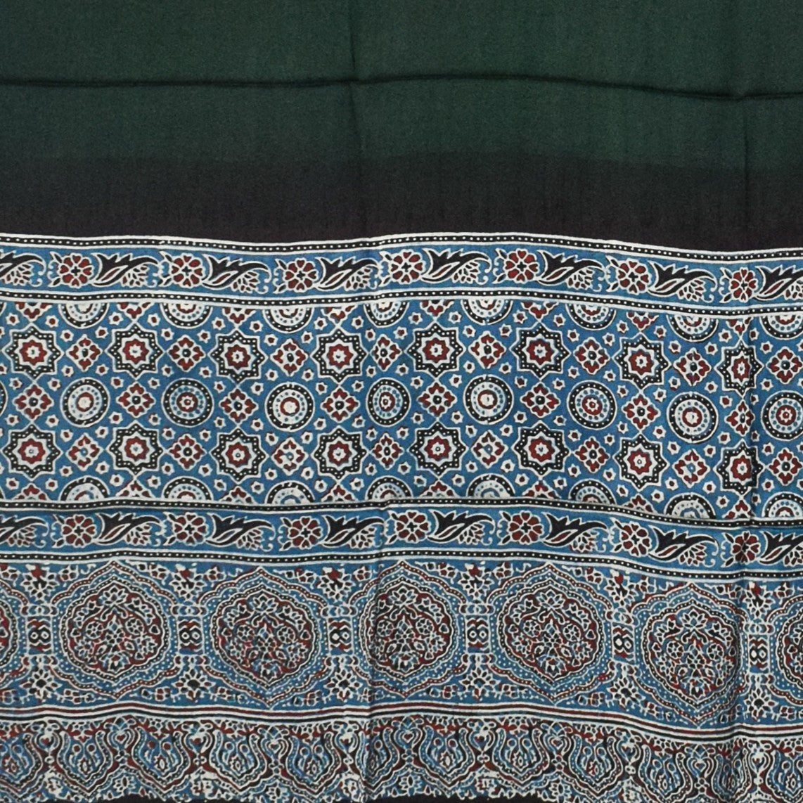Ajrakh Modal Silk Part Natural Dye Half Plain Dyeing Hand Block Print Dupatta with Tassels - 2.5 Mtr Length    -  SKU : AI20104P