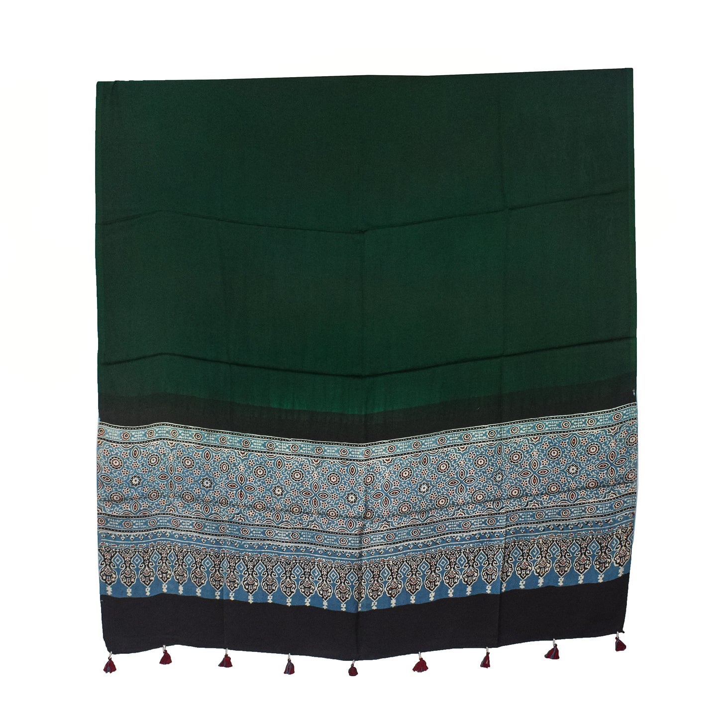 Ajrakh Modal Silk Part Natural Dye Half Plain Dyeing Hand Block Print Dupatta with Tassels - 2.5 Mtr Length    -  SKU : AI20104R