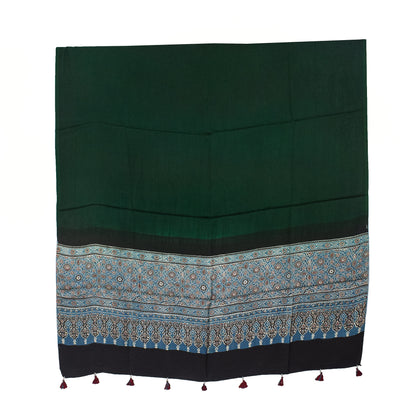 Ajrakh Modal Silk Part Natural Dye Half Plain Dyeing Hand Block Print Dupatta with Tassels - 2.5 Mtr Length    -  SKU : AI20104R