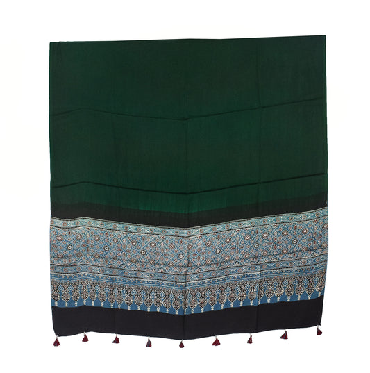 Ajrakh Modal Silk Part Natural Dye Half Plain Dyeing Hand Block Print Dupatta with Tassels - 2.5 Mtr Length    -  SKU : AI20104R