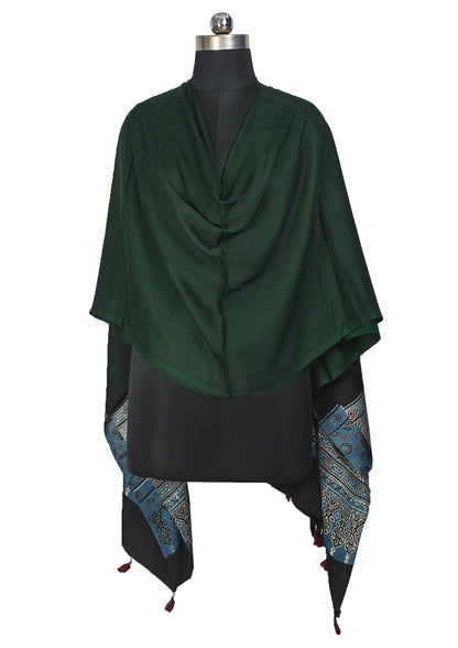 Ajrakh Modal Silk Part Natural Dye Half Plain Dyeing Hand Block Print Dupatta with Tassels - 2.5 Mtr Length    -  SKU : AI20104R