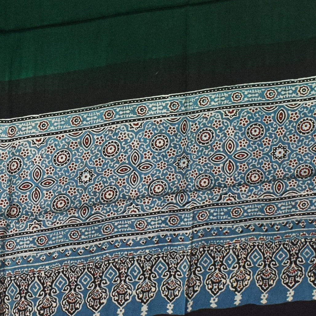 Ajrakh Modal Silk Part Natural Dye Half Plain Dyeing Hand Block Print Dupatta with Tassels - 2.5 Mtr Length    -  SKU : AI20104R