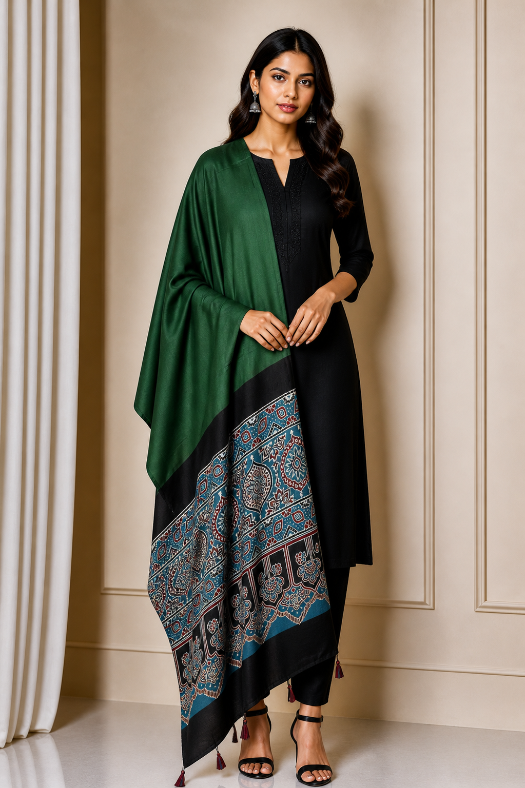 Ajrakh Modal Silk Part Natural Dye Half Plain Dyeing Hand Block Print Dupatta with Tassels - 2.5 Mtr Length    -  SKU : AI20104W
