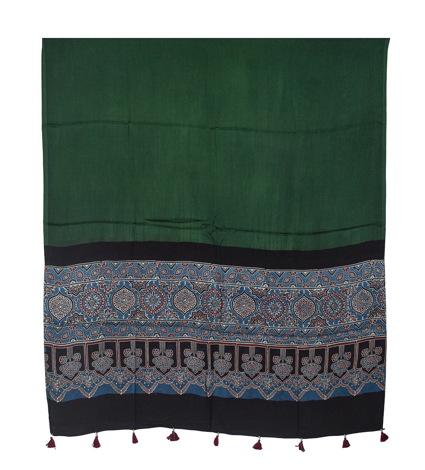 Ajrakh Modal Silk Part Natural Dye Half Plain Dyeing Hand Block Print Dupatta with Tassels - 2.5 Mtr Length    -  SKU : AI20104W