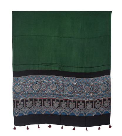 Ajrakh Modal Silk Part Natural Dye Half Plain Dyeing Hand Block Print Dupatta with Tassels - 2.5 Mtr Length    -  SKU : AI20104W