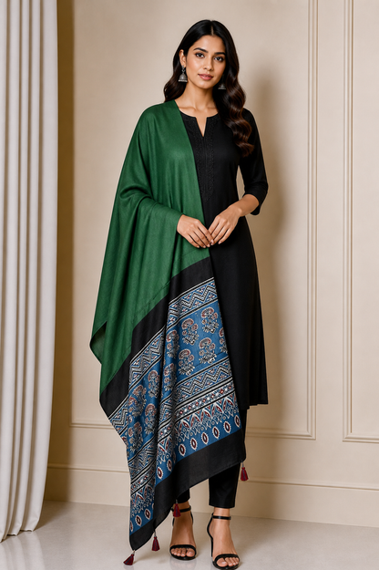 Ajrakh Modal Silk Part Natural Dye Half Plain Dyeing Hand Block Print Dupatta with Tassels - 2.5 Mtr Length    -  SKU : AI2014AJ