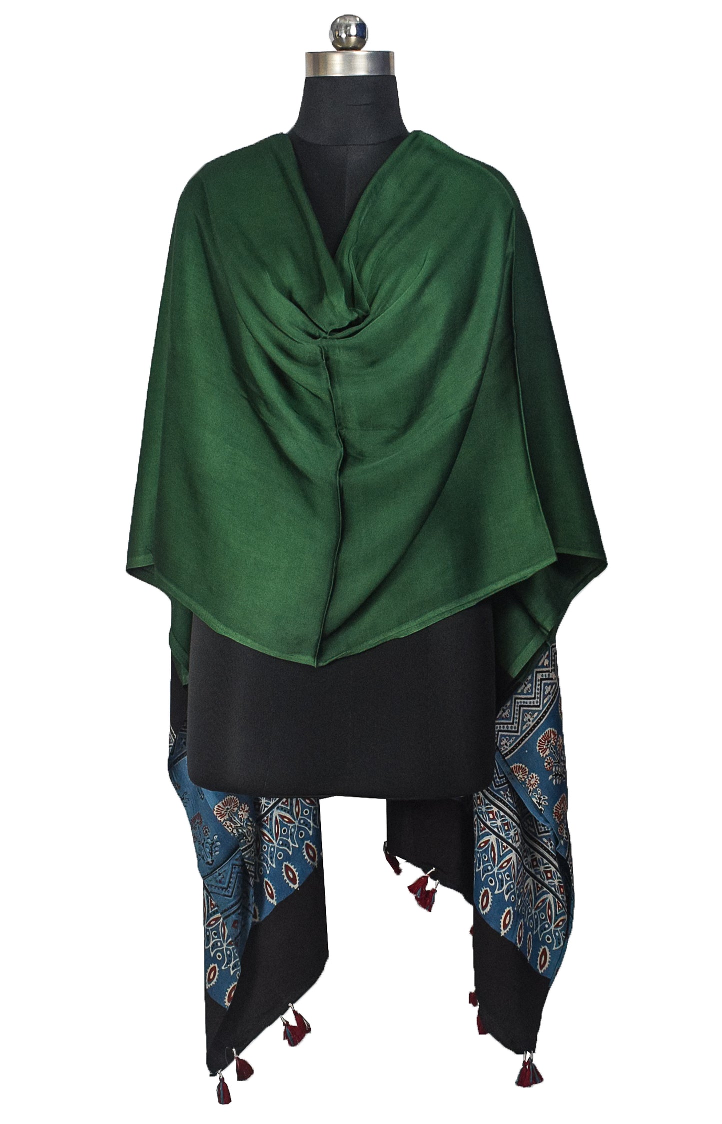 Ajrakh Modal Silk Part Natural Dye Half Plain Dyeing Hand Block Print Dupatta with Tassels - 2.5 Mtr Length    -  SKU : AI2014AJ