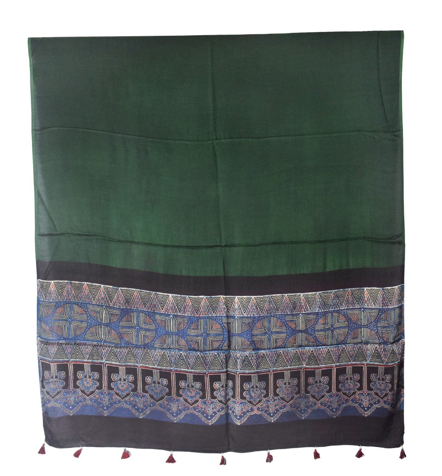 Ajrakh Modal Silk Part Natural Dye Half Plain Dyeing Hand Block Print Dupatta with Tassels - 2.5 Mtr Length    -  SKU : AI2170AA