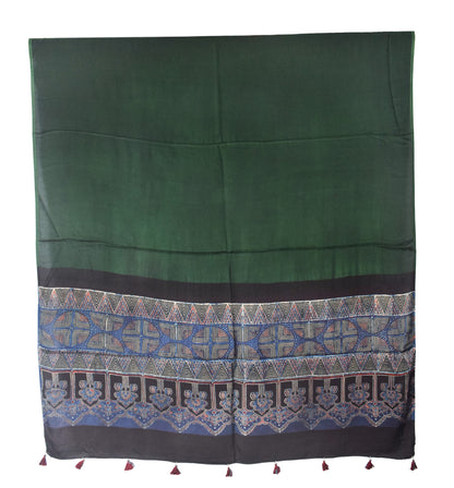 Ajrakh Modal Silk Part Natural Dye Half Plain Dyeing Hand Block Print Dupatta with Tassels - 2.5 Mtr Length    -  SKU : AI2170AA