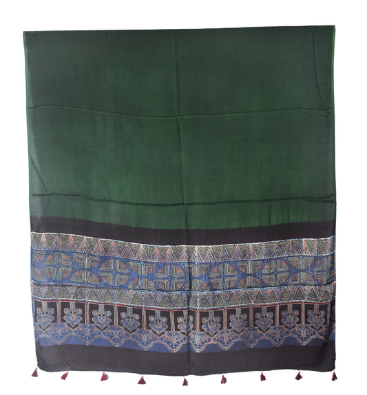 Ajrakh Modal Silk Part Natural Dye Half Plain Dyeing Hand Block Print Dupatta with Tassels - 2.5 Mtr Length    -  SKU : AI2170AA
