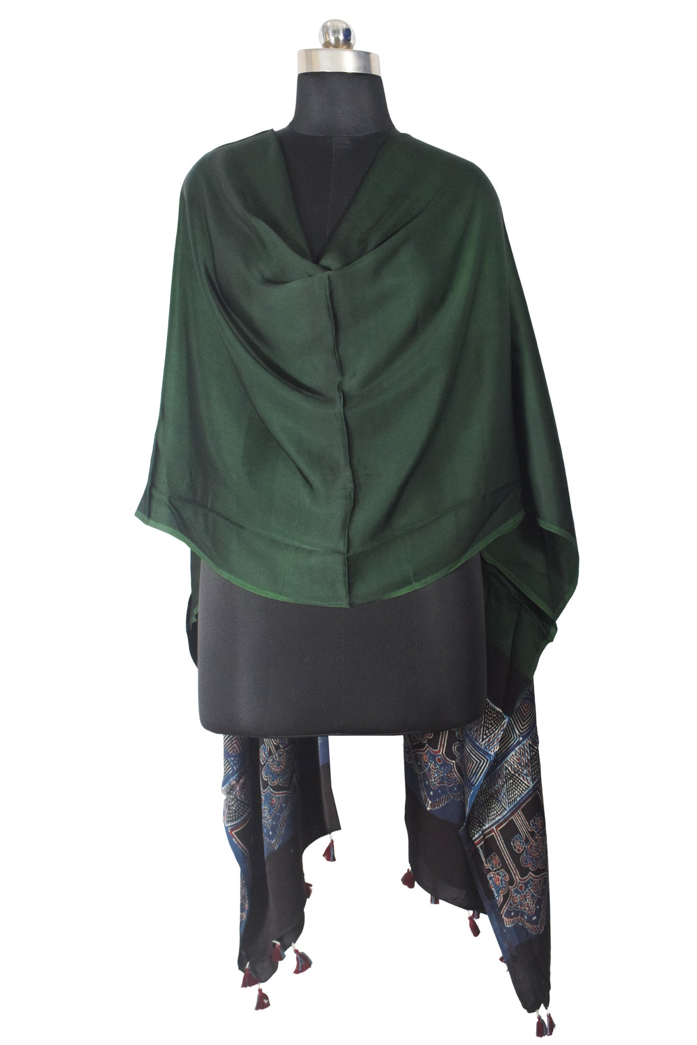 Ajrakh Modal Silk Part Natural Dye Half Plain Dyeing Hand Block Print Dupatta with Tassels - 2.5 Mtr Length    -  SKU : AI2170AA