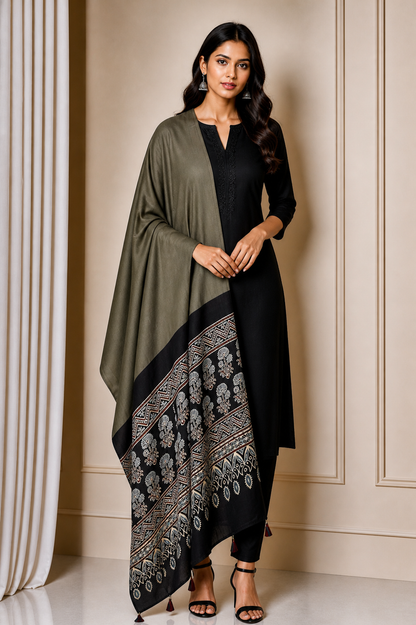 Ajrakh Modal Silk Part Natural Dye Half Plain Dyeing Hand Block Print Dupatta with Tassels - 2.5 Mtr Length    -  SKU : AI2014AM