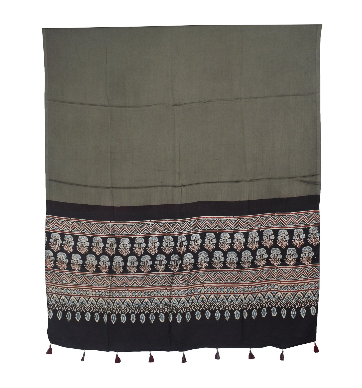 Ajrakh Modal Silk Part Natural Dye Half Plain Dyeing Hand Block Print Dupatta with Tassels - 2.5 Mtr Length    -  SKU : AI2014AM