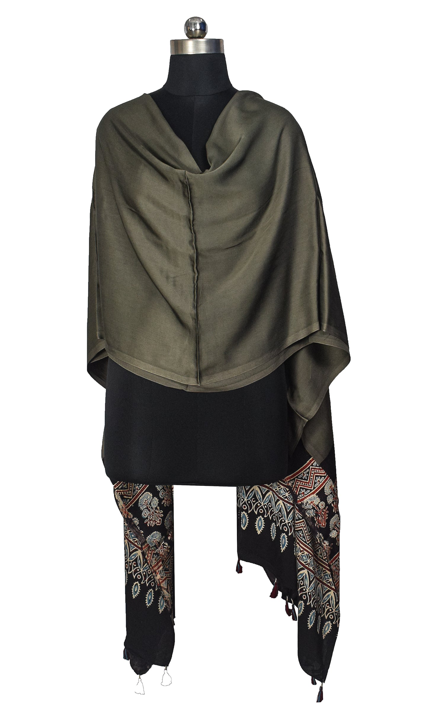 Ajrakh Modal Silk Part Natural Dye Half Plain Dyeing Hand Block Print Dupatta with Tassels - 2.5 Mtr Length    -  SKU : AI2014AM