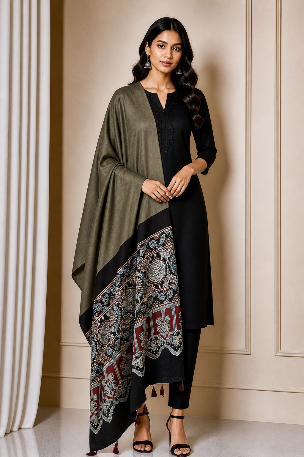 Ajrakh Modal Silk Part Natural Dye Half Plain Dyeing Hand Block Print Dupatta with Tassels - 2.5 Mtr Length    -  SKU : AI2014AN