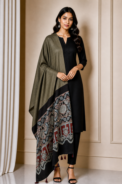 Ajrakh Modal Silk Part Natural Dye Half Plain Dyeing Hand Block Print Dupatta with Tassels - 2.5 Mtr Length    -  SKU : AI2014AN