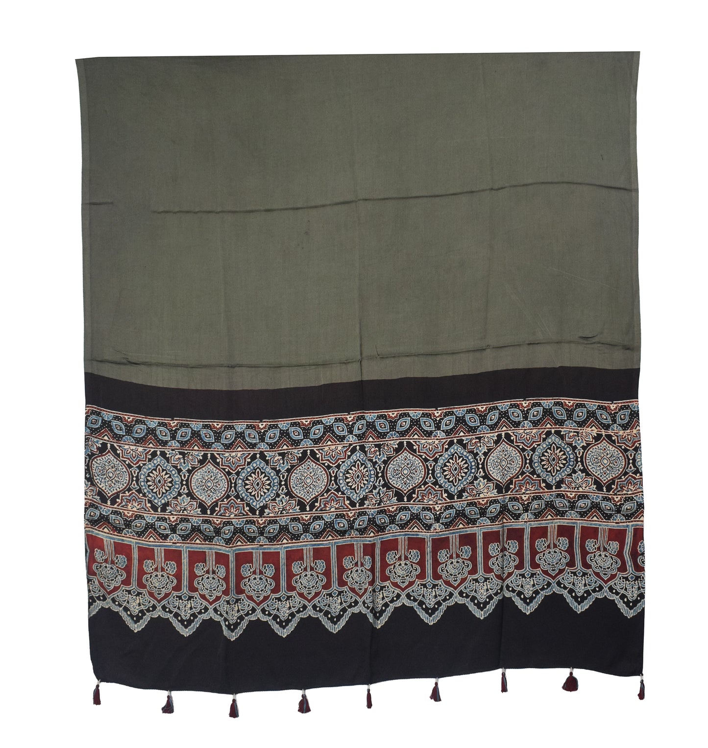 Ajrakh Modal Silk Part Natural Dye Half Plain Dyeing Hand Block Print Dupatta with Tassels - 2.5 Mtr Length    -  SKU : AI2014AN