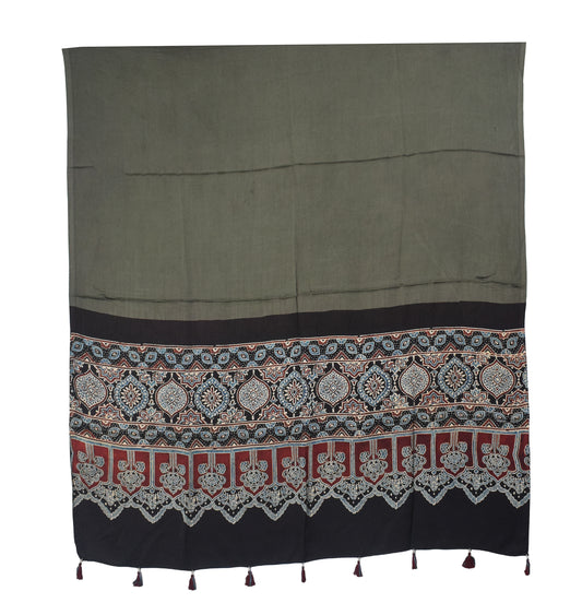 Ajrakh Modal Silk Part Natural Dye Half Plain Dyeing Hand Block Print Dupatta with Tassels - 2.5 Mtr Length    -  SKU : AI2014AN