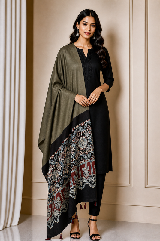 Ajrakh Modal Silk Part Natural Dye Half Plain Dyeing Hand Block Print Dupatta with Tassels - 2.5 Mtr Length    -  SKU : AI2014AN