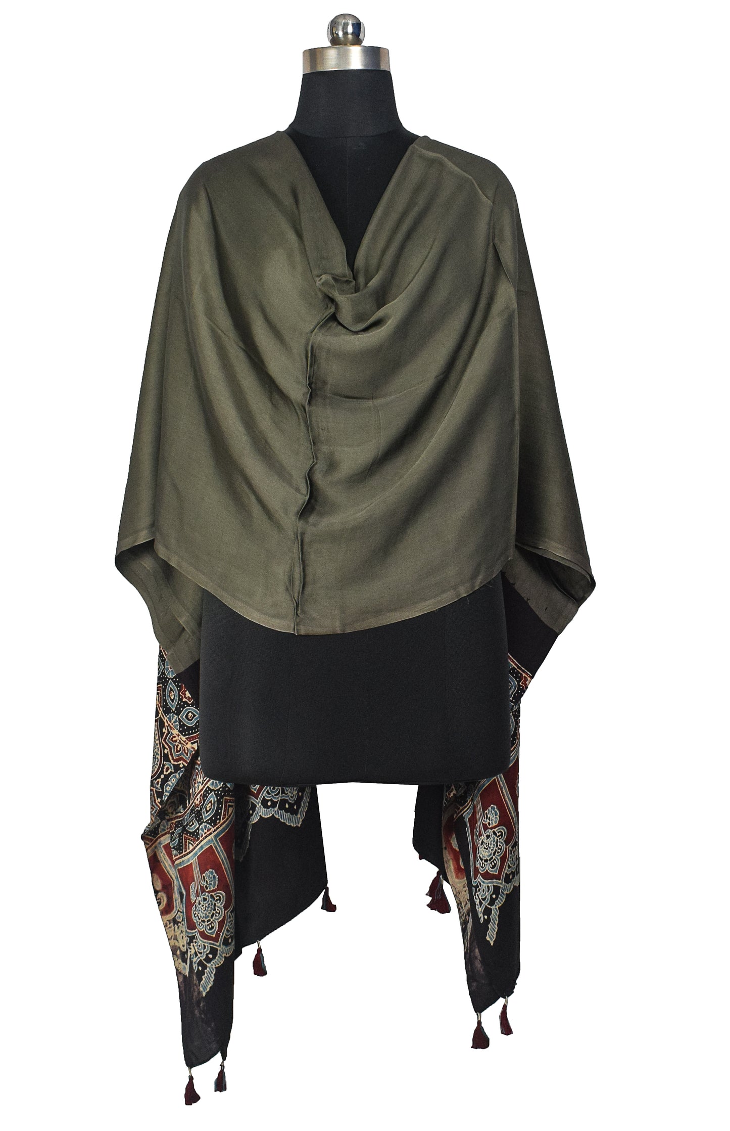 Ajrakh Modal Silk Part Natural Dye Half Plain Dyeing Hand Block Print Dupatta with Tassels - 2.5 Mtr Length    -  SKU : AI2014AN