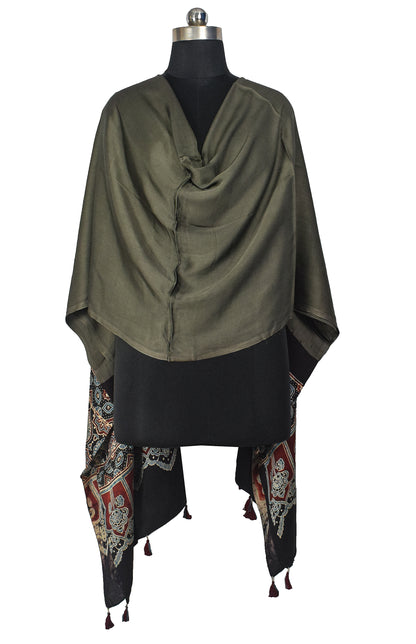 Ajrakh Modal Silk Part Natural Dye Half Plain Dyeing Hand Block Print Dupatta with Tassels - 2.5 Mtr Length    -  SKU : AI2014AN