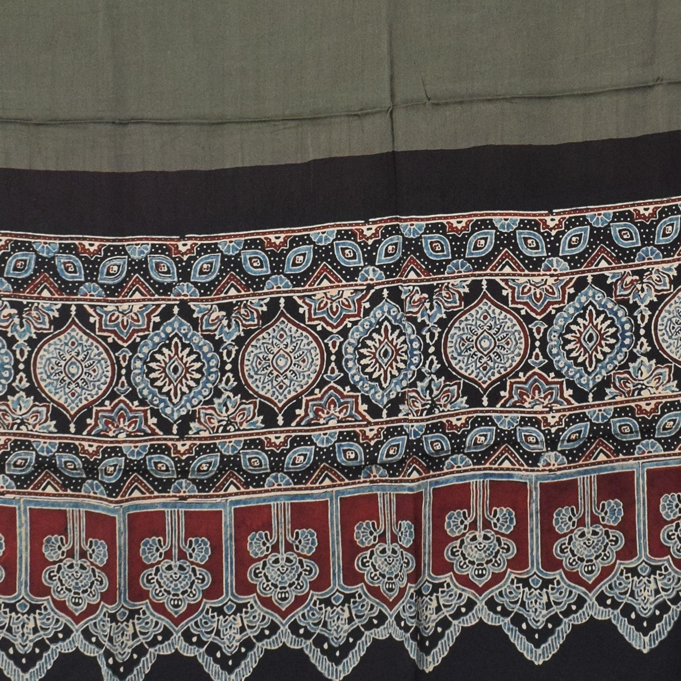 Ajrakh Modal Silk Part Natural Dye Half Plain Dyeing Hand Block Print Dupatta with Tassels - 2.5 Mtr Length    -  SKU : AI2014AN